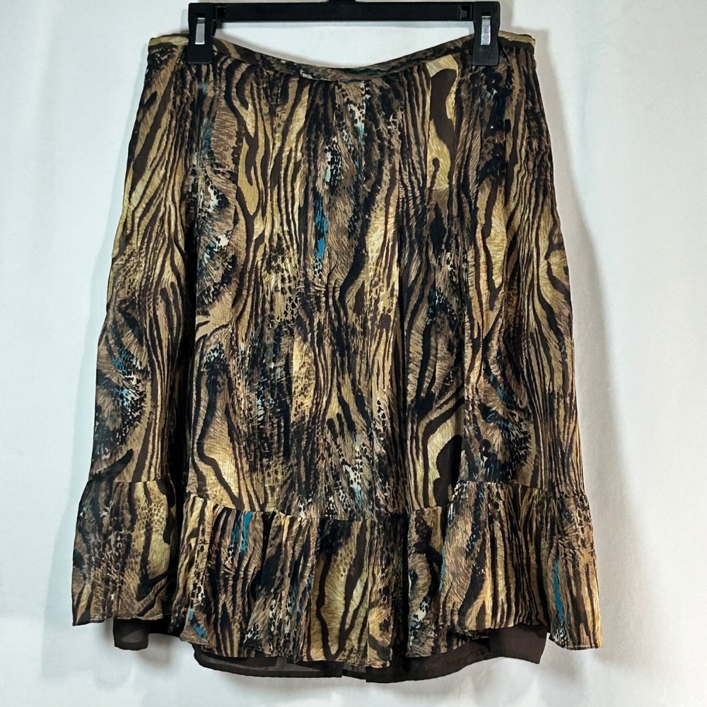 Company‎ Wild Animal Print Midi Skirt Ruffle Hem Brown Tan Women's Size 12
